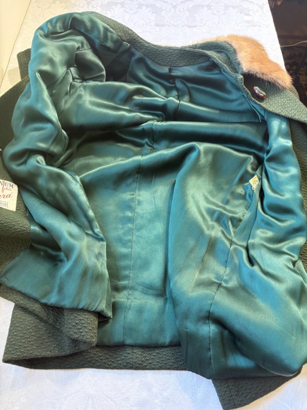 VTG 1950s Hockanum Benara Green Wool Swing Coat Mink Fur Collar Union Made M L - Picture 10 of 10